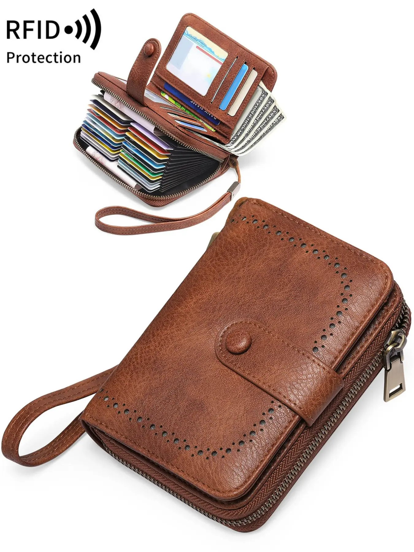 RFID Blocking Protected Shielded Short PU Leather Wallet, Large Capacity Vintage Accordion Card Holder with Zipper & Wrist Strap, Multi Card Slots Universal Zipper Purse for Men Women, Daily Travel Must-Have, Ideal Mother’s Day Gift