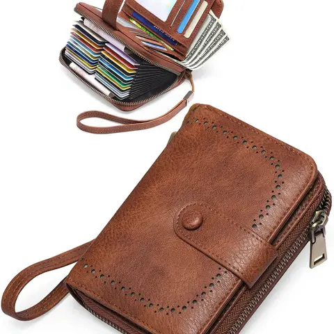 RFID Blocking Short Wallet, Large Capacity Vintage Accordion Card Holder, Equipped with Zipper Pocket & Wrist Strap, Unisex Multi Card Slots Zipper Billfold, Must-have for Daily Outings, Great Gift for Men, Perfect Thanksgiving Gift & Christmas Gift