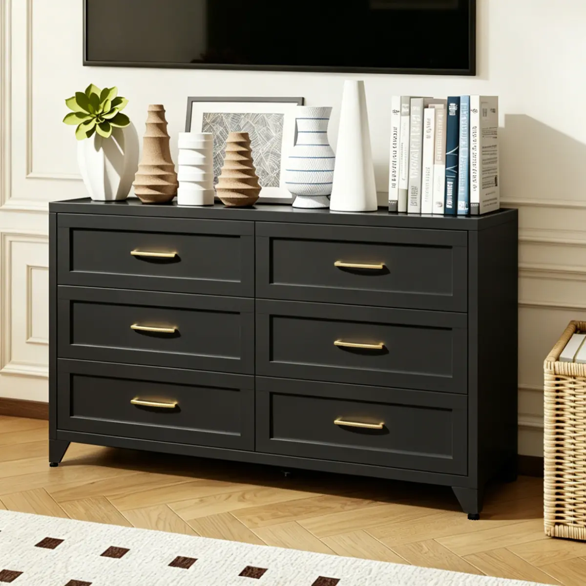 Aobtkel 6-Drawer Steel Dresser - Modern Metal Storage Chest with Smooth-Glide Drawers, Space-Saver Unit with Metal Base for Bedroom, Closet Small Spaces Eco-Friendly Black Indoor Cabinet