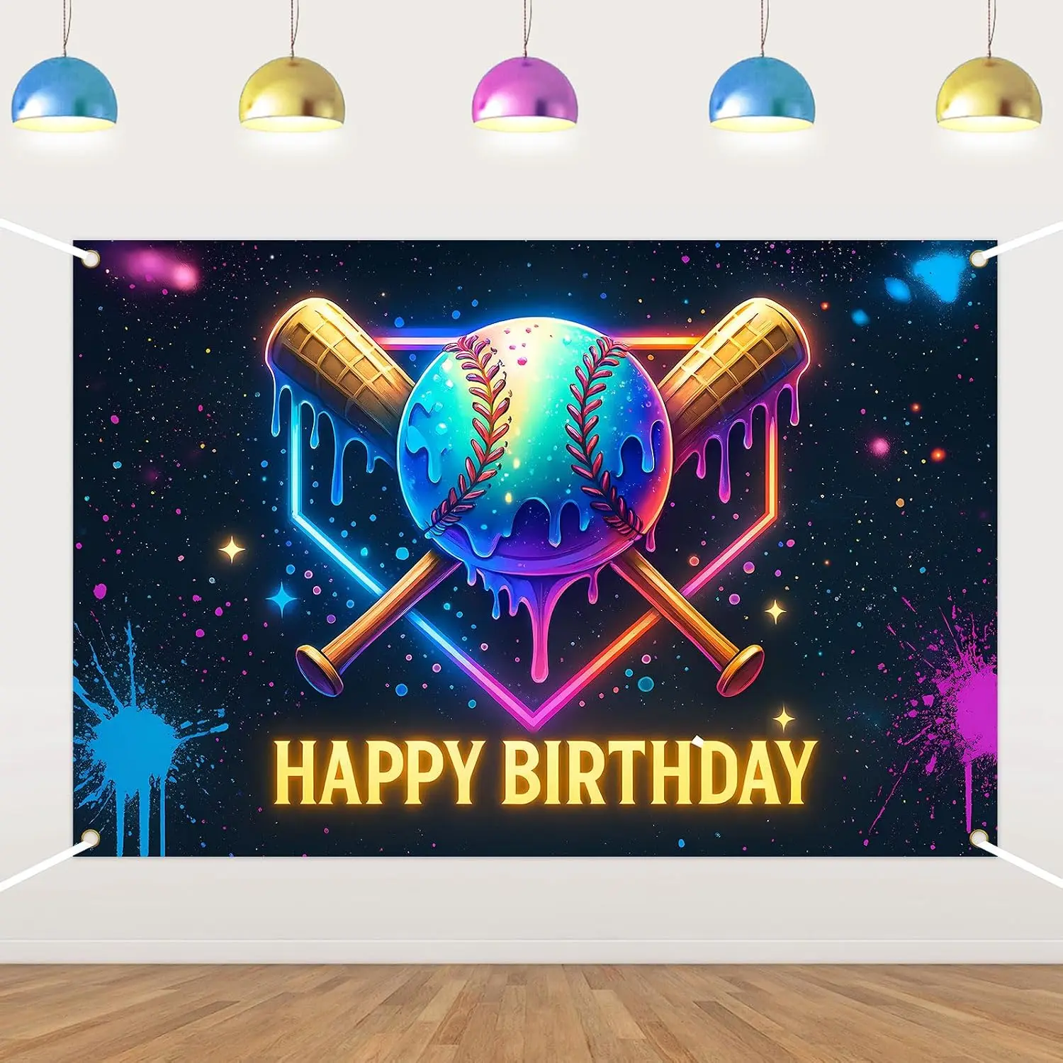 Baseball Theme Party Backdrop, Synthetic Large Neon Glow Banner with Ice Cream Drip Design
