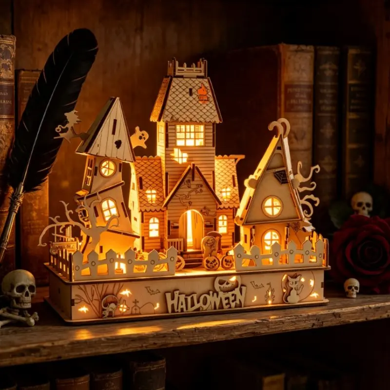 3D Halloween House Model Wood Puzzles, DIY Educational Toy for Kids and Adults, Creative Gift and Festival Decoration