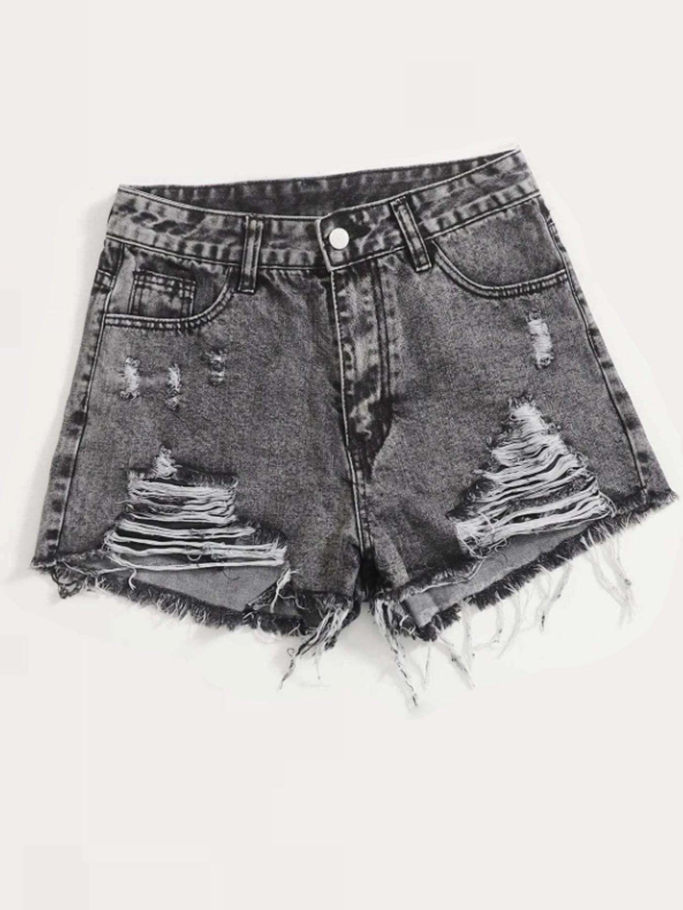 Women's  Ripped Button Front, Casual High Waist for Summer, Fashion Women's Bottoms for Daily Wear, Frayed Hem Shorts