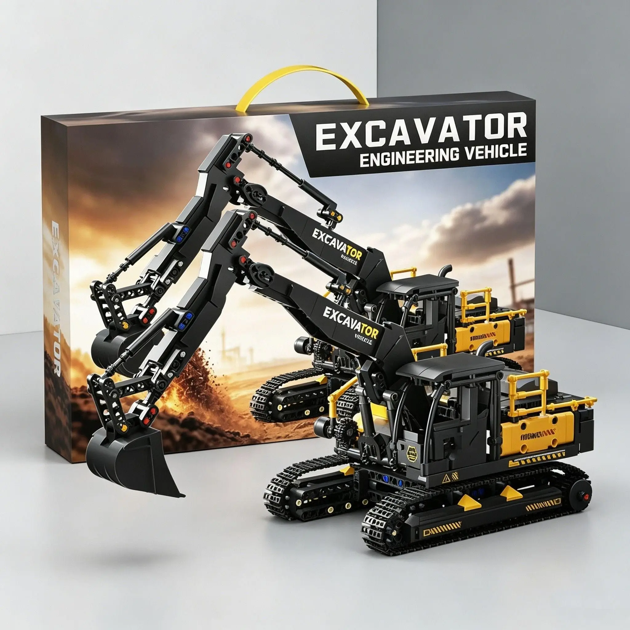 Large‑Size Excavator Building Block Set, Realistic Mechanical Model With Movable Track Chassis, Engineering Vehicle Collectible, Home Decor Ornament, Premium Gift Box for Birthday & Holiday