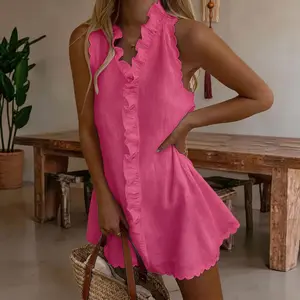 2026 Women Sexy Ruffle V Neck Summer Dress – Sleeveless Spaghetti Strap Mini Sundress, Cotton Linen Loose A-Line Beach Vacation Dress, Trendy Dating & Party Outfit for Women