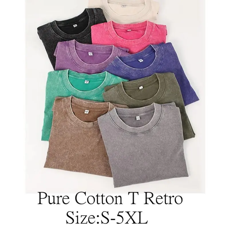 2PCS 4XL-5XL Cotton Washable T-shirt Drop-shoulder Sleeve Men Women Vintage Short-sleeve T Shirts Solid Color Hip Hop Loose Tees