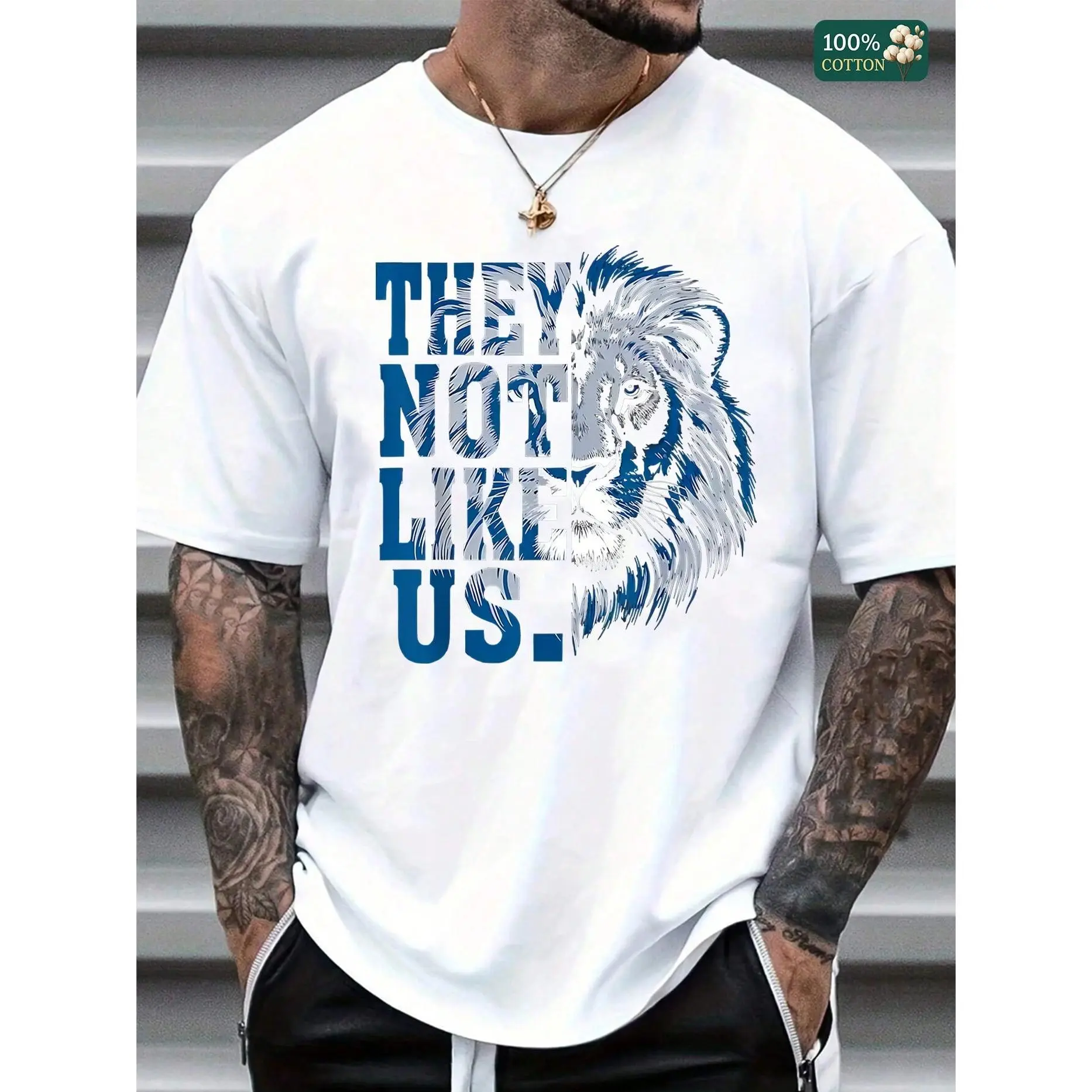KZZ Men's Lion Graphic Cotton T-Shirt - Menswear Tops, Casual Breathable Shortsleeve Round Neck with Printed Text, Casual Fit, Stylish Father's Day Gift, All Seasons