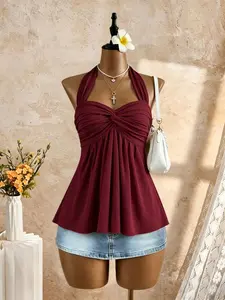 Women's Halter Neck Knot Pure Color Top, Sleeveless Pleated Flowy Ruffle Backless Vest, Perfect for Summer Vacation