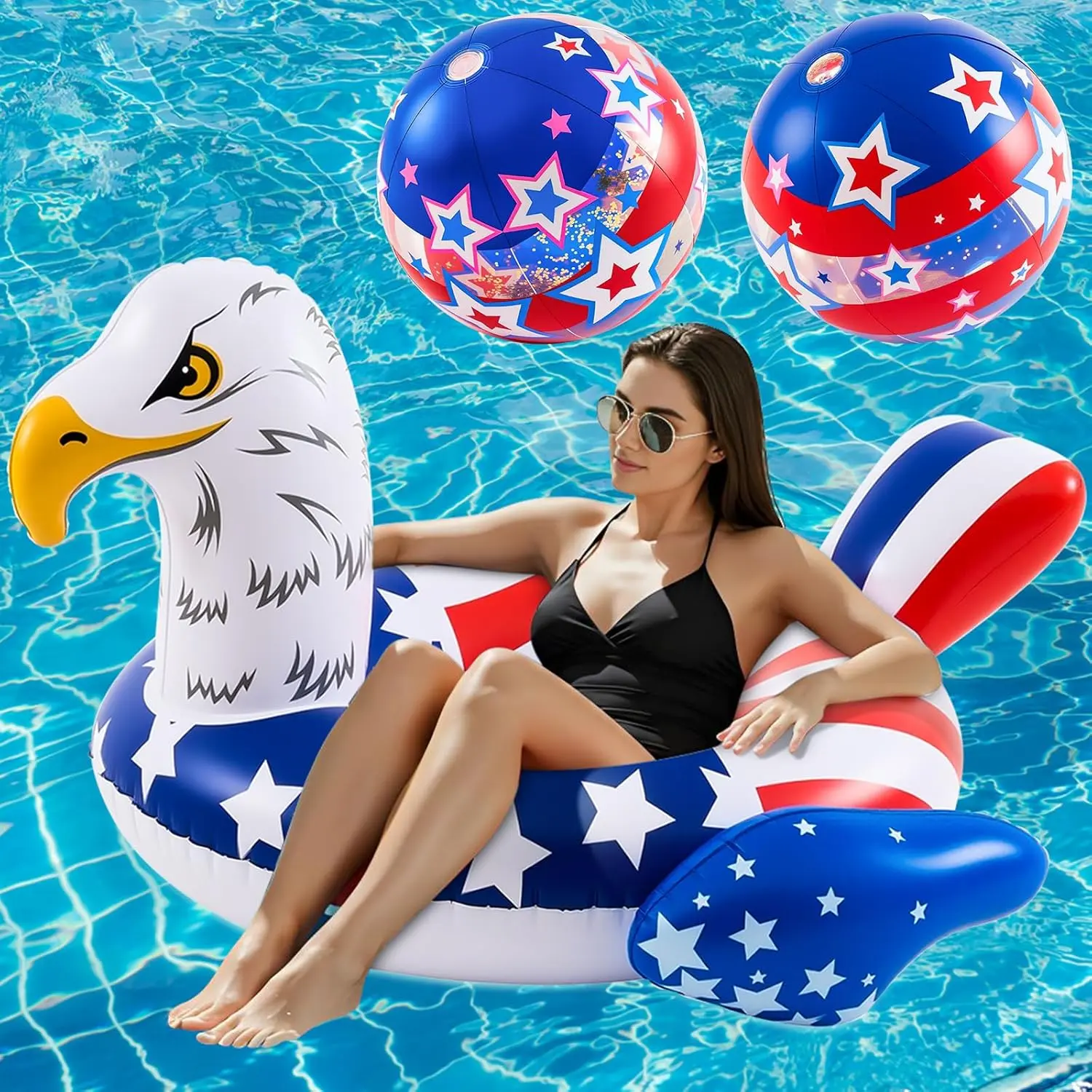 4th of July Eagle Pool Float with 2 Beach Balls, 45'' Giant Patriotic Floaties Swimming Tube Rings for Adults, 250th Anniversary Flag Design, Eagle Floating Raft for Independence Day Decor