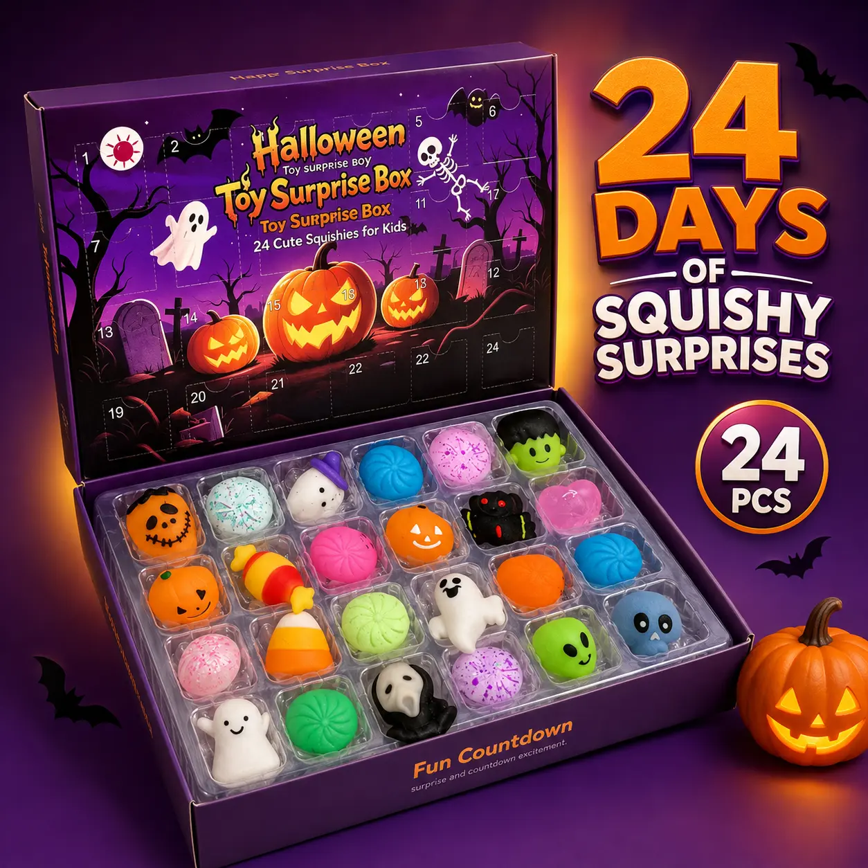 24-Day Halloween Squishy Countdown Calendar, 24 Soft Slow-Rising Toys, Stress Relief Fidget Gifts for Kids & Party Favors