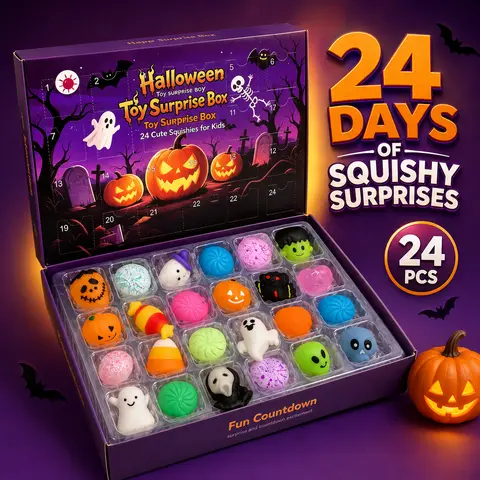 24-Day Halloween Squishy Countdown Calendar, 24 Soft Slow-Rising Toys, Stress Relief Fidget Gifts for Kids & Party Favors