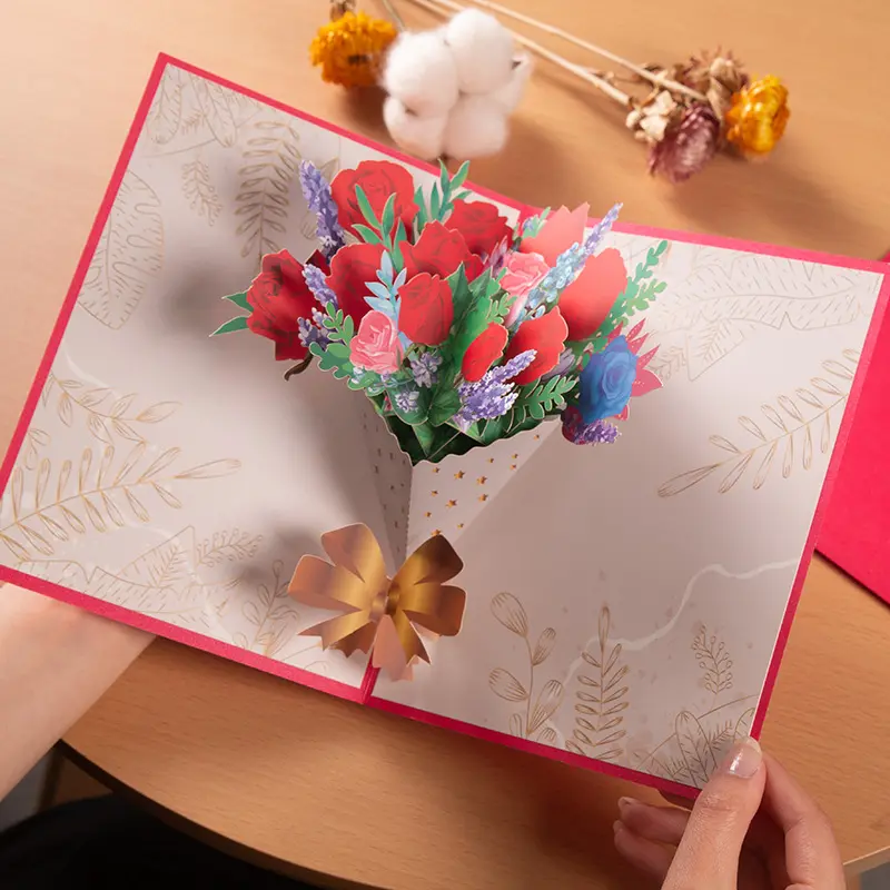 3D Pop Up Rose Flower Bouquet Card Romantic Greeting Cards Handmade Luxury Paper Carving Blessing Postcard Everyday Thank You Surprise Gift for Her Wife