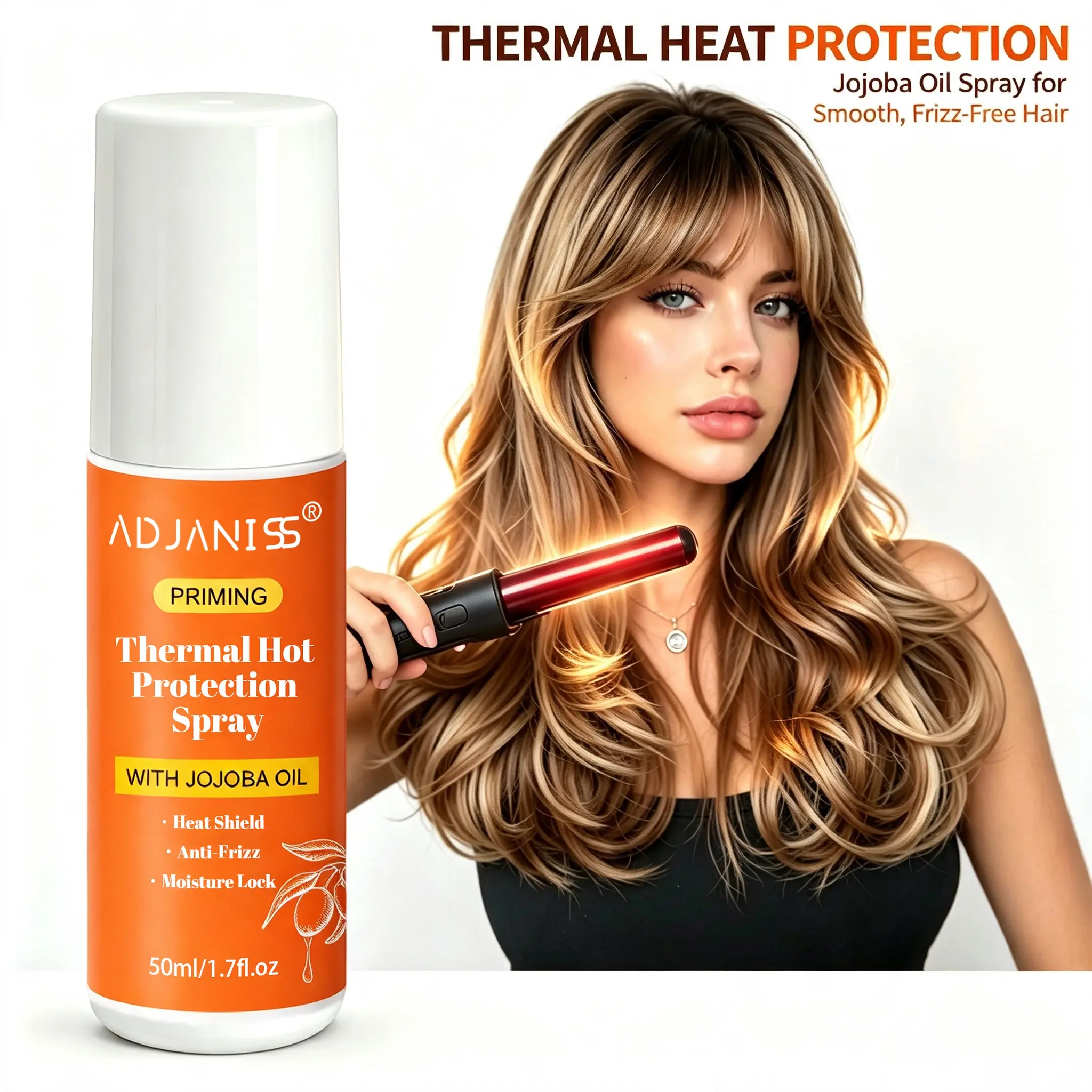 Adjaniss Thermal Hot Protection Haircare Spray with Jojoba Oil, Heat Shield Anti-Frizz Moisture Lock, Hair Primer Spray 50ML for Smooth Styling