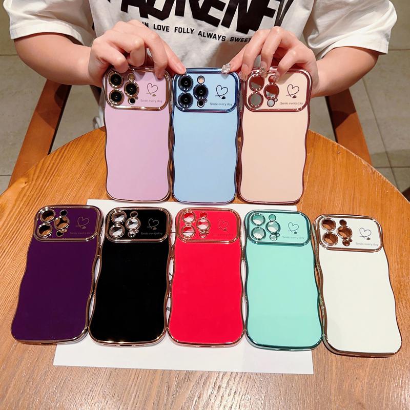 OREKROY [FreeShip] Cute Wave Shape with Love Heart Raised Camera Protection Phone case For iPhone 16 15 14 13 1211 Pro Max Accessories Durable Silicone Shiny Silicone Shiny Wavy