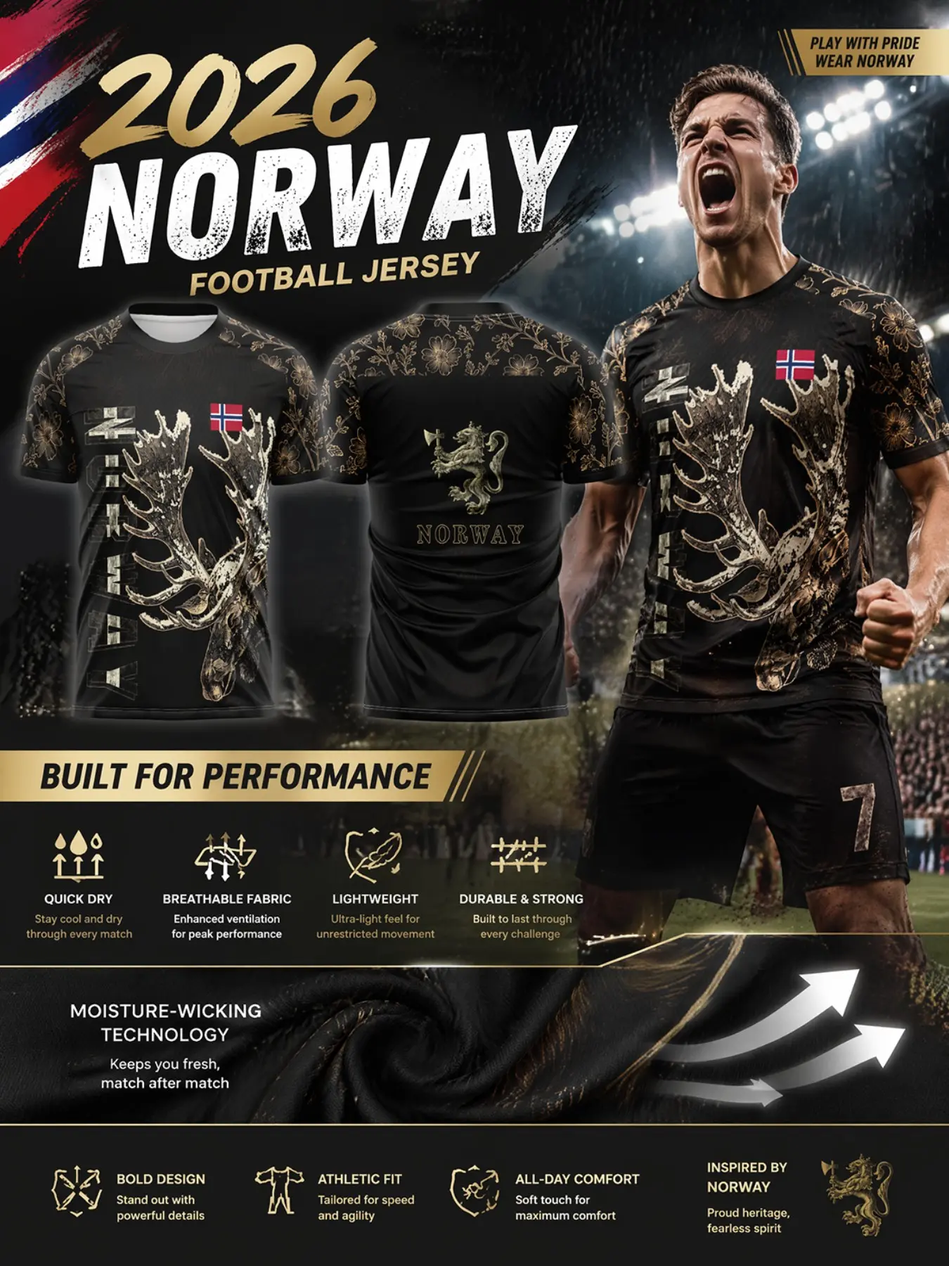 2026 Norway Gold Reindeer Soccer Jersey, Quick-Dry Sporty Football Shirt, Breathable Lightweight Durable Moisture-Wicking, Nordic Fan Gift, Short Football Jerseys