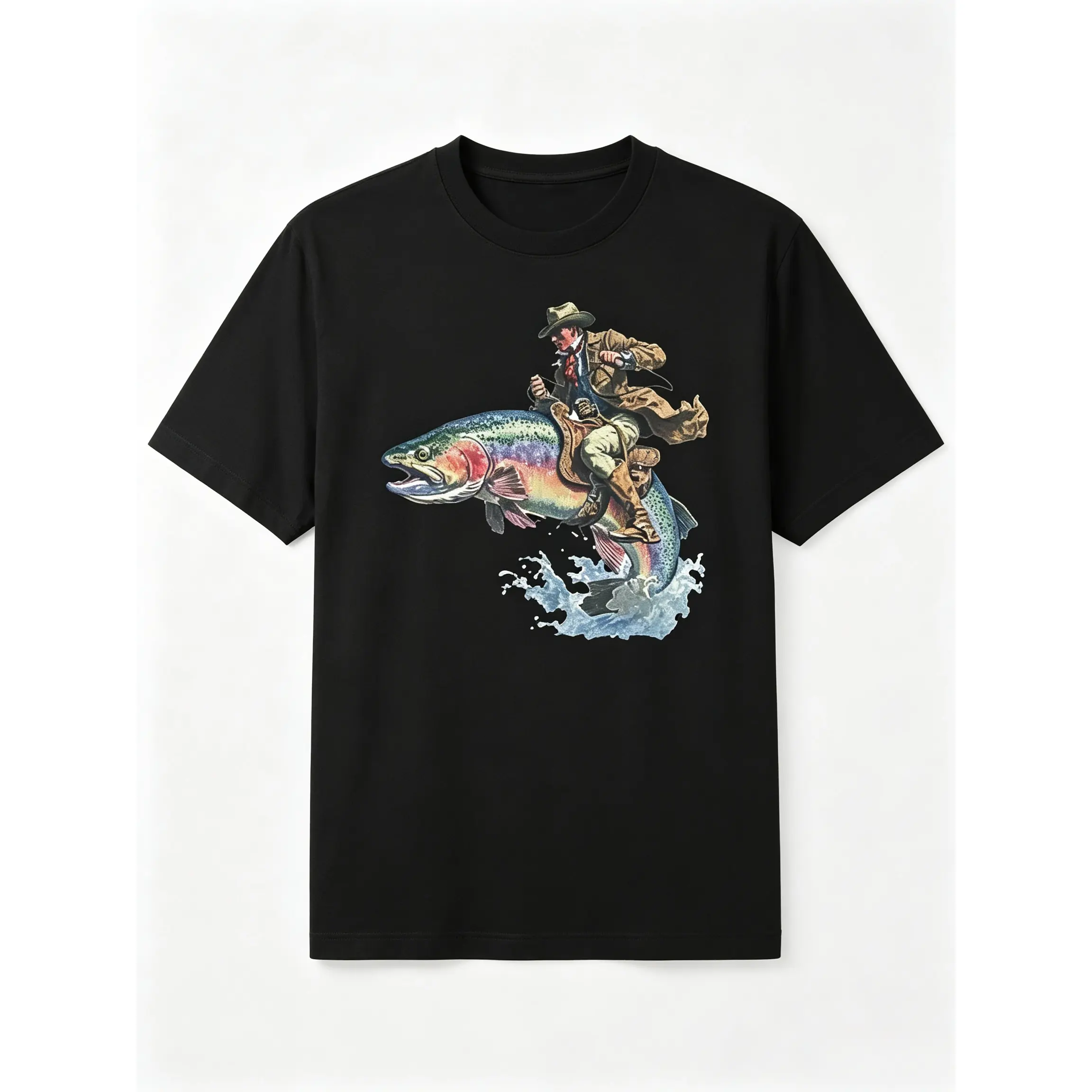 Cowboy Riding Rainbow Trout T-Shirt - Genuine Comfort Colors, Smooth Streetwear Casual Top for Cowboy Fishing Club Rodeo Enthusiasts