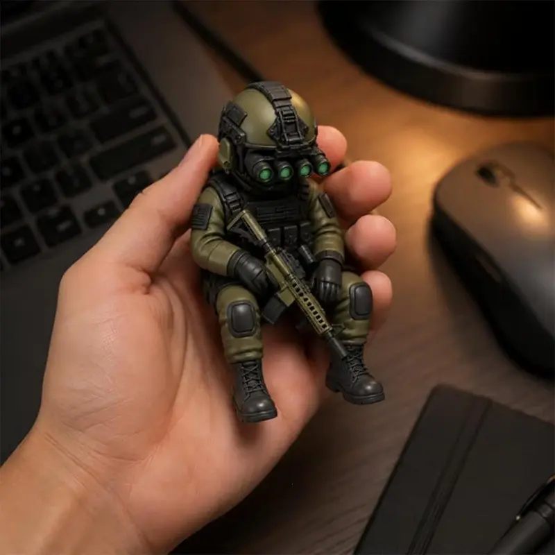 Mini Tactical Soldier Resin Figure, Helmeted and Rifle-Handing Seated Special Forces Statue Ornament, Desktop Decor, Gift for Veterans