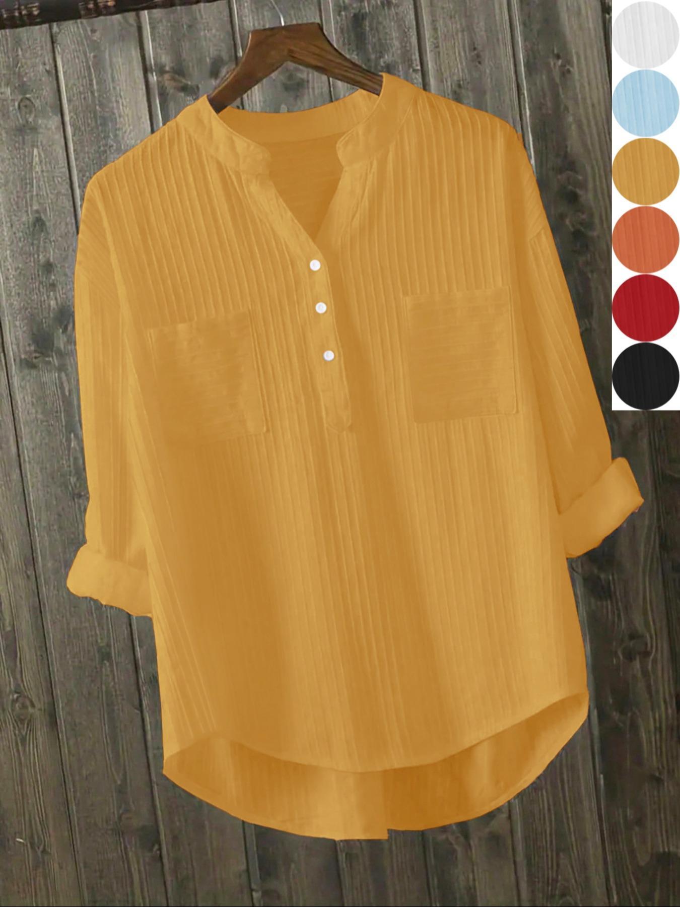 Women's Plain Button Front High Low Hem Shirt Blouse, Casual Long Sleeve Notched Neck Top for Daily Wear, Ladies Clothes for All Seasons