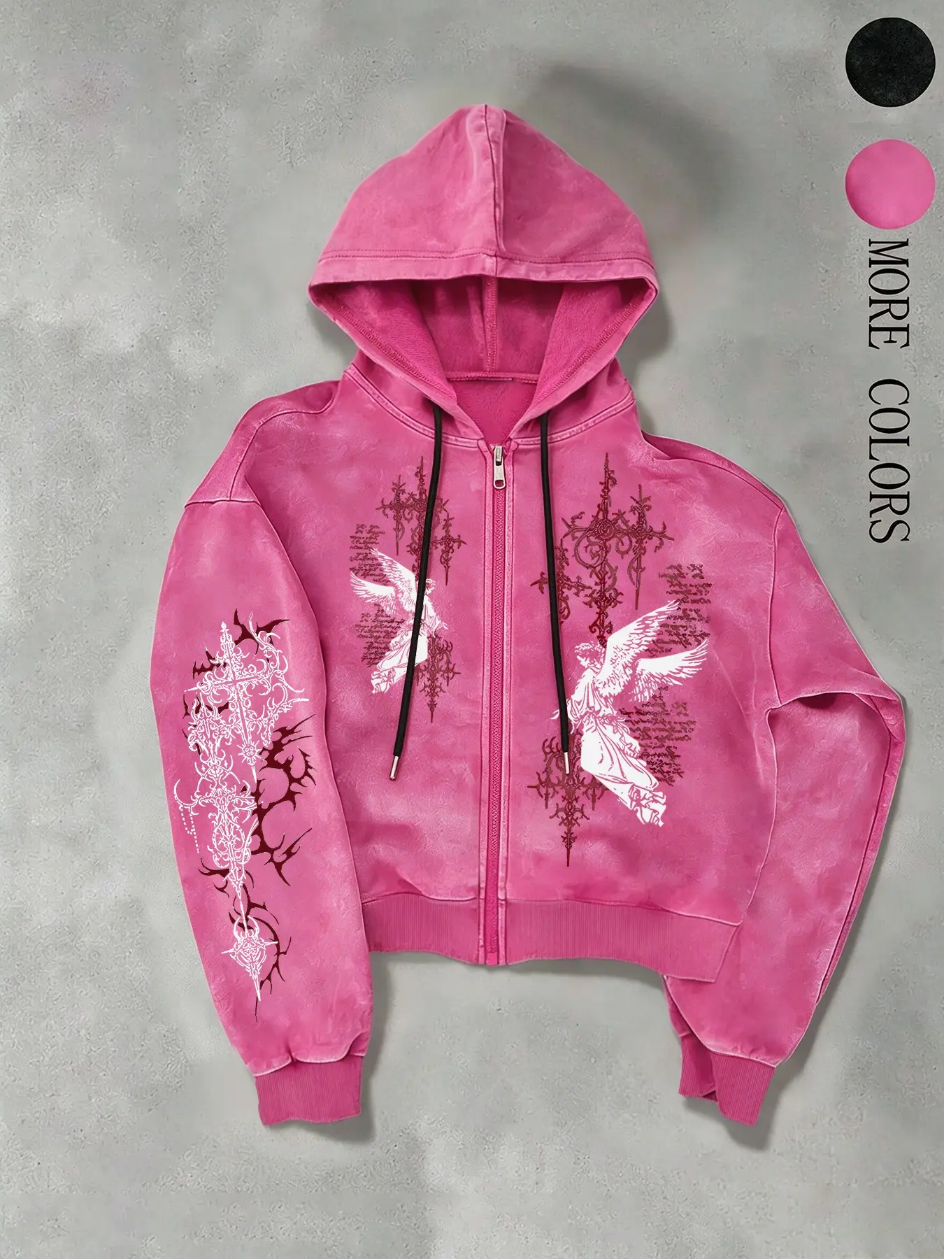 Vintage Wash Zip Up Hoodie, Zipper sweatshirts, Gothic Angel & Cross Graphic Print, Cropped Loose Fit Dark Grunge Streetwear Jacket, Drawstring Casual Hooded Outerwear
