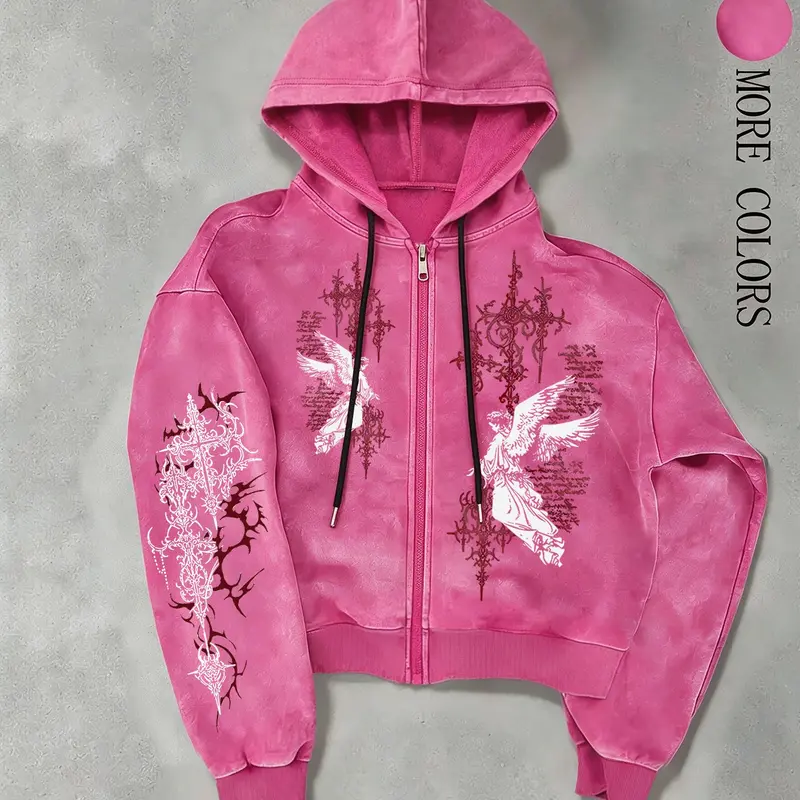 Vintage Wash Zip Up Hoodie, Zipper sweatshirts, Gothic Angel & Cross Graphic Print, Cropped Loose Fit Dark Grunge Streetwear Jacket, Drawstring Casual Hooded Outerwear