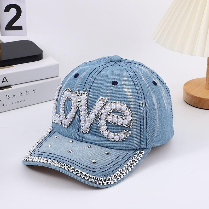 European and American handmade rhinestone-embellished sun protection hat, washed denim LOVE letter baseball cap for women, versatile sunshade from manufacturer