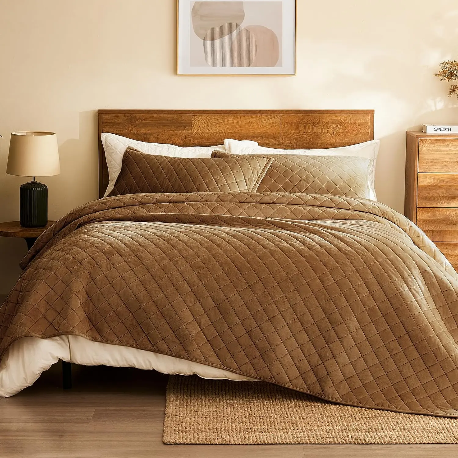 Velvet King Size: 3-Piece Reversible Luxury Velvet Bedding Comforter Set - Lightweight Oversized Quilted Bedspread Coverlet with 2 Pillow Sham for All Season - Brown