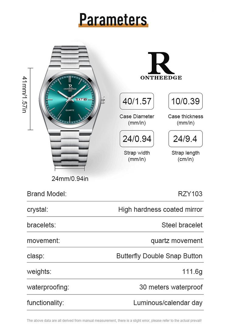 Men's Luxury Teal Green Dial Quartz Watch - Stainless Steel Wristwatch with Date Day Display, Waterproof, Luminous Hands, Classic Business Casual Dress Watch for Men, Perfect Gift for Husband Dad