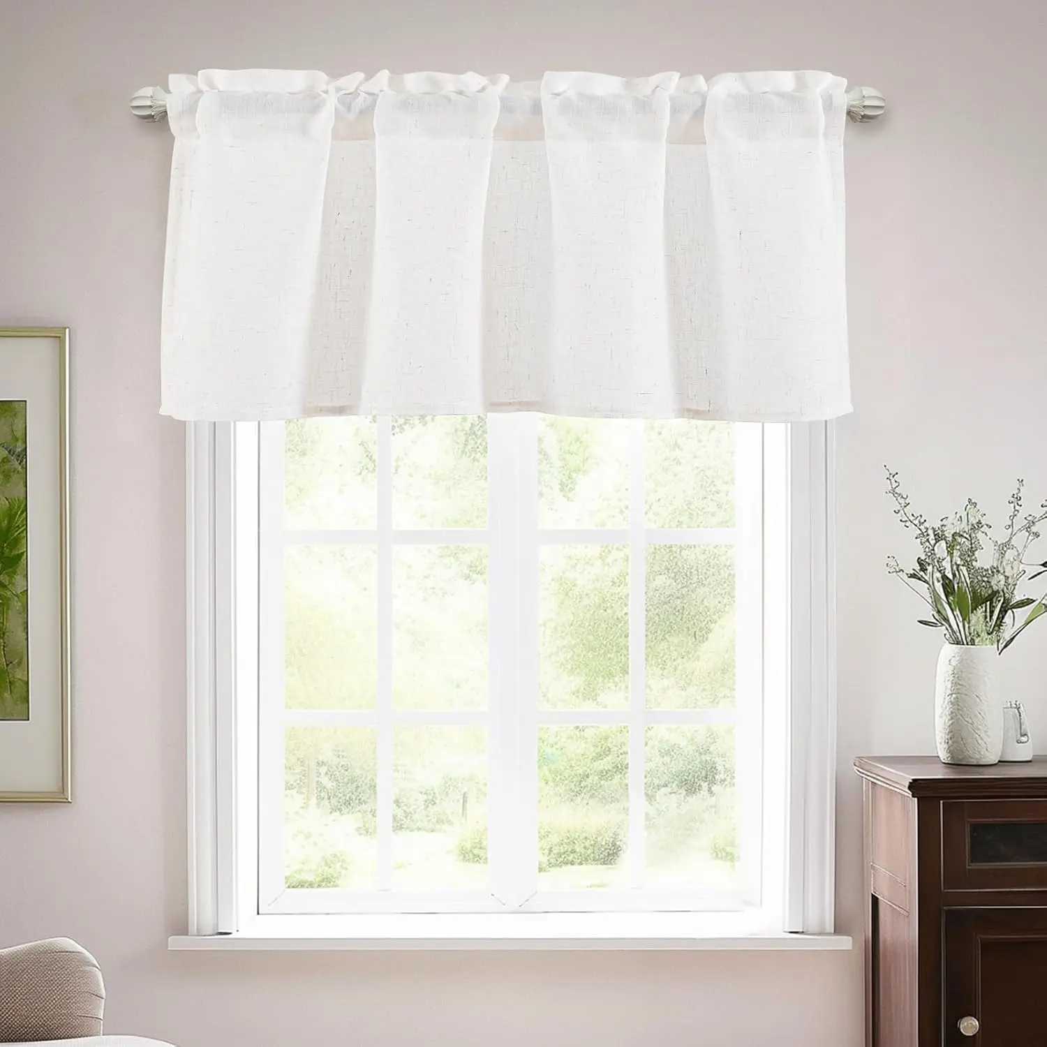 Sheer Linen Textured Valance for Windows, 42"W x 18"L,  White | Light Filtering, Rod Pocket Valance for Living Room/Bedroom/Bathroom