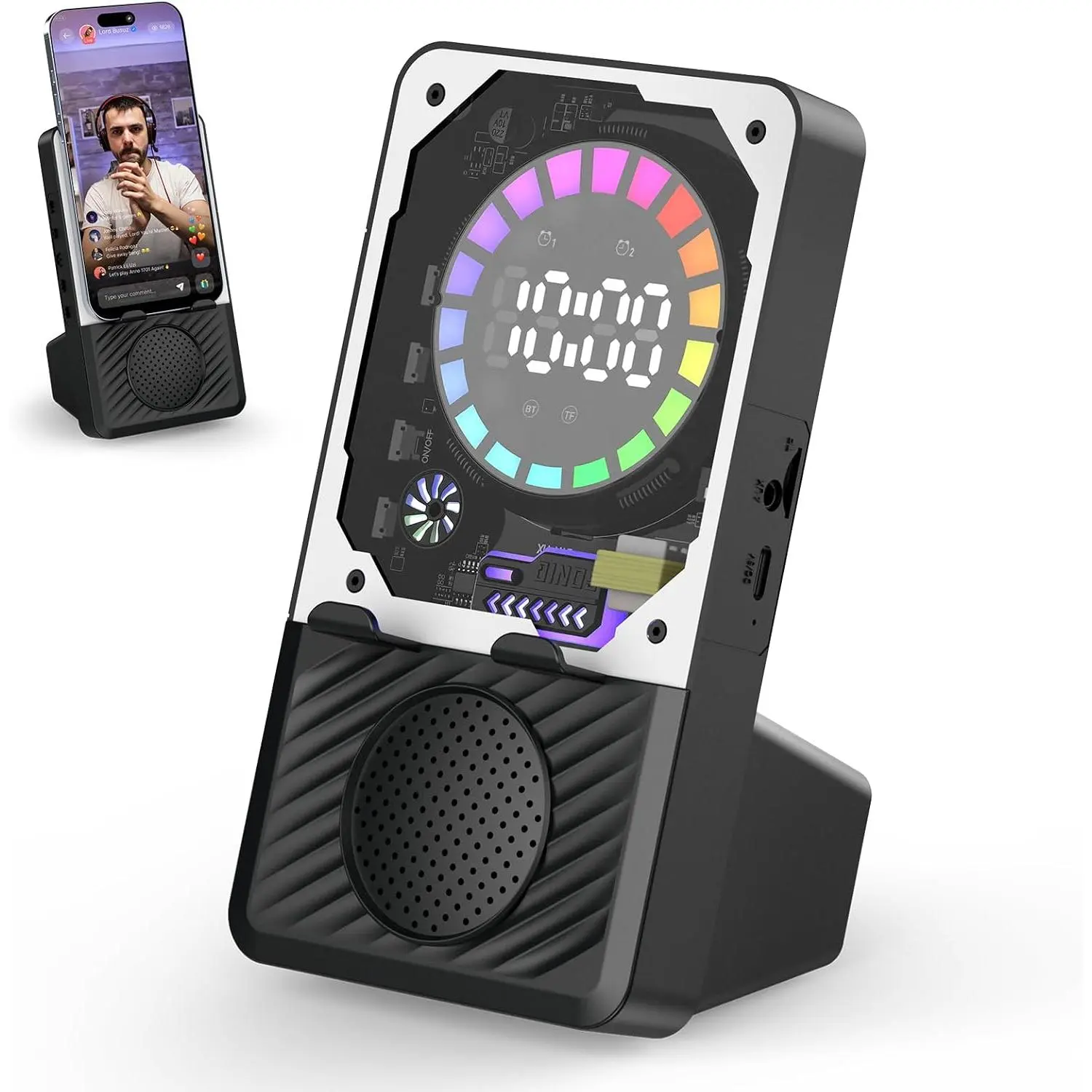 5-in-1 Wireless Induction Bluetooth Speaker - Rechargeable with Colorful Light, Alarm Clock, Cell Phone Stand for iPhone/Android/iPad (Indoor Leisure Use)