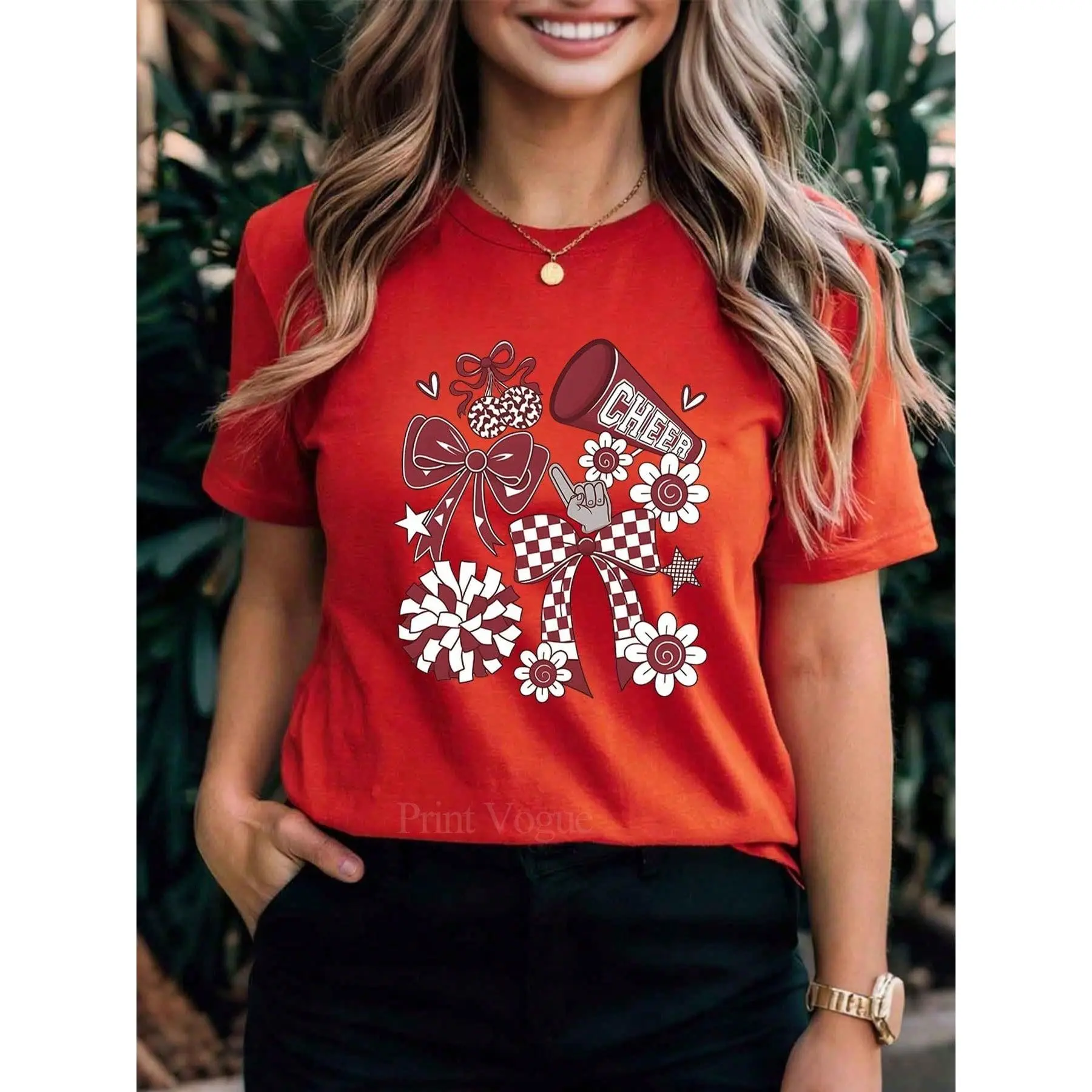 Women Fashion T-Shirt, Preppy Cheerleader Coquette Graphic T Shirt, Maroon Cheer Mom Shirt, Cheer Season Tee, Summer Unisex Round Neck Short Sleeve