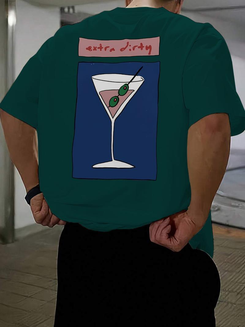 Men's Regular Fit Martini Cocktail Print Round Neck Tee, Casual Short Sleeve T-shirt for Summer, Men's Top for Daily Wear, Tropical, Casual Stylish Tee