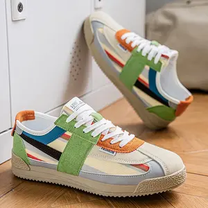 CORASUN Men's Retro Leather and Mesh Spliced Casual Sneakers, Breathable Lightweight Walking Shoes for Office, School and Daily Travel, White/Blue Athletic Footwear