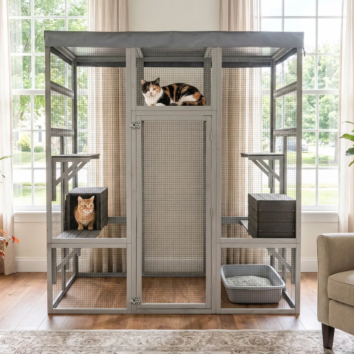 62.6" Solid Wood Catio, Large Secure Shelter for Cats with Waterproof Cover, 2 Private Nap Houses, Platforms & Galvanized Metal Wire Pet Enclosure