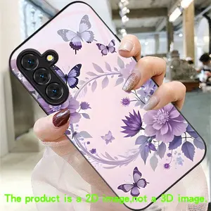 Purple Butterfly Wreath Romantic Print Pattern Phone Case, suitable for Samsung Galaxy A14 A15 A16 A23 A24 A25 A26 A32 A34 A35 A36 A52 A53 A54 A55 A56 S21/S22/S23/S24/S25/S26 FE/Plus/Ultra, anti-drop tempered glass protective case