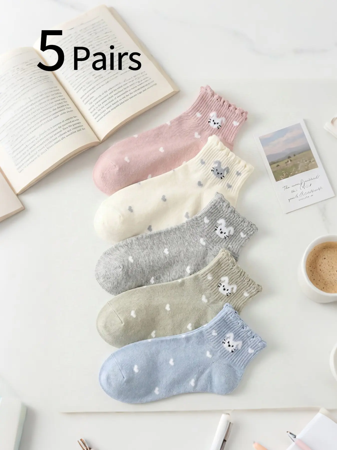 5 Pairs Women's Cartoon Bunny Trim Knit Ankle Socks, Spring Summer Cute Girl Casual Short Socks, Thin Comfortable Breathable Soft for Daily Wear