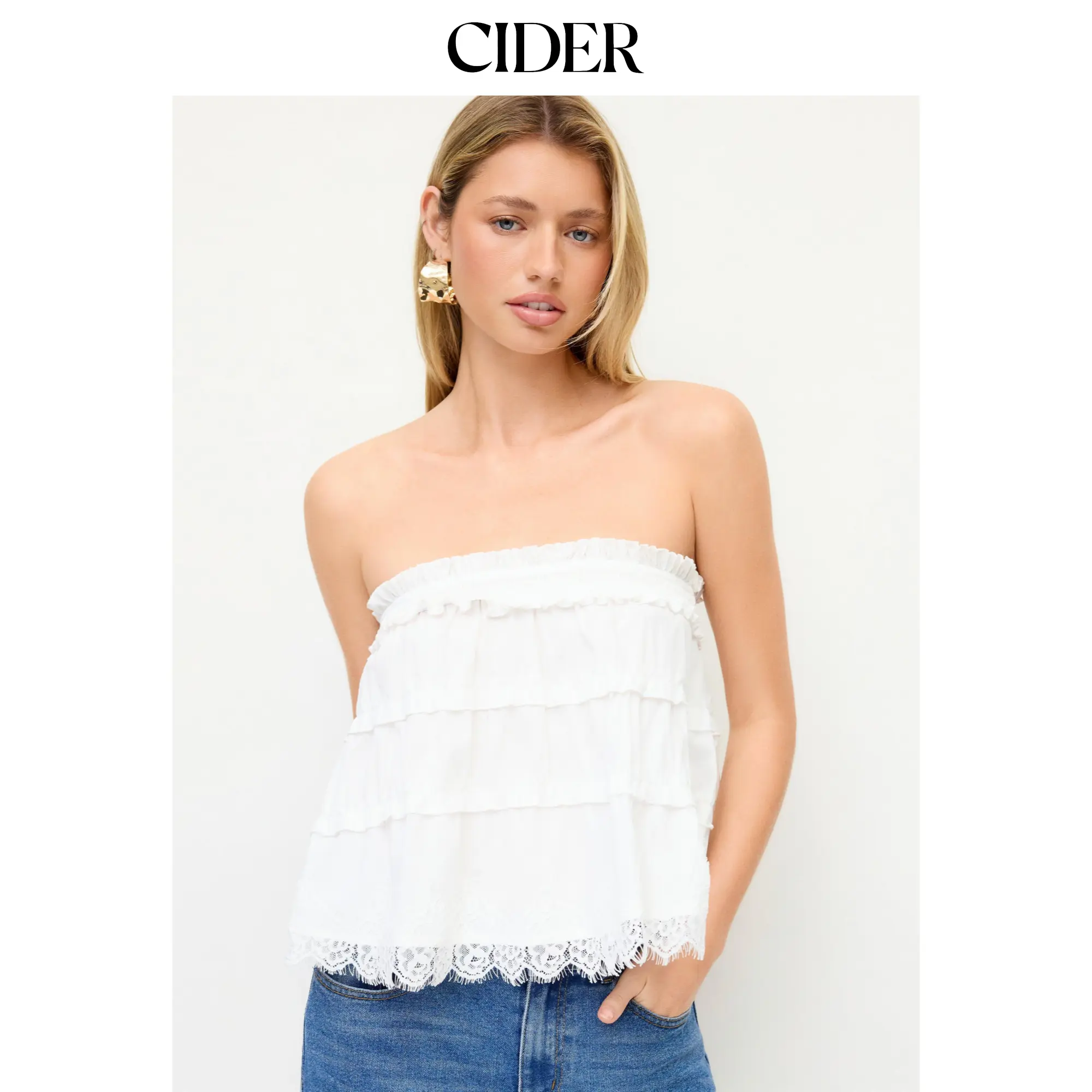 Cider Cotton Ruffled Tiered Lace Trim Bandeau Top