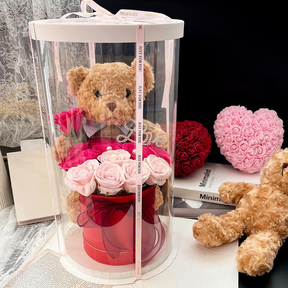 Artificial Flower Gift Box with Bear, 1 Count Romantic Rose Gift Box, Decorative Flowers Bouquet, Birthday Gift, Roses Bouquet, Decorative Vibrant Faux Flowers, Ribbon Roses Bouquet, Glitter Rose #GLOBAL PICKS