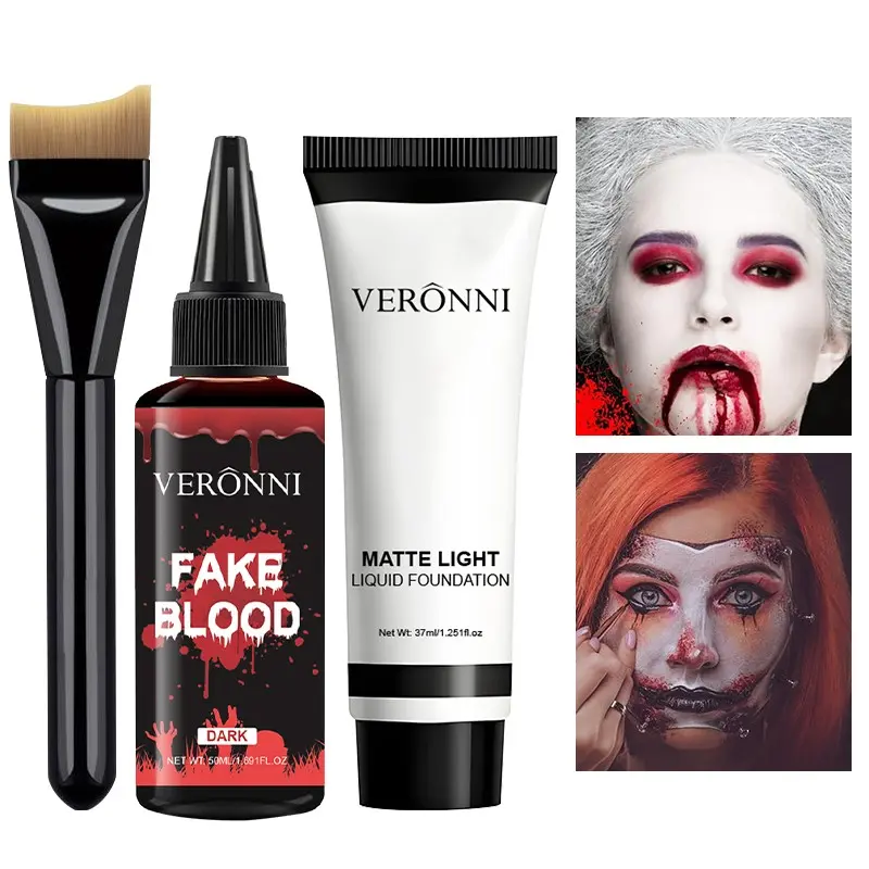 Veronni Halloween Makeup Kit, 3-Piece Set with Foundation, Fake Blood, Professional Brush, Perfect for Zombie, Vampire, Horror Cosplay