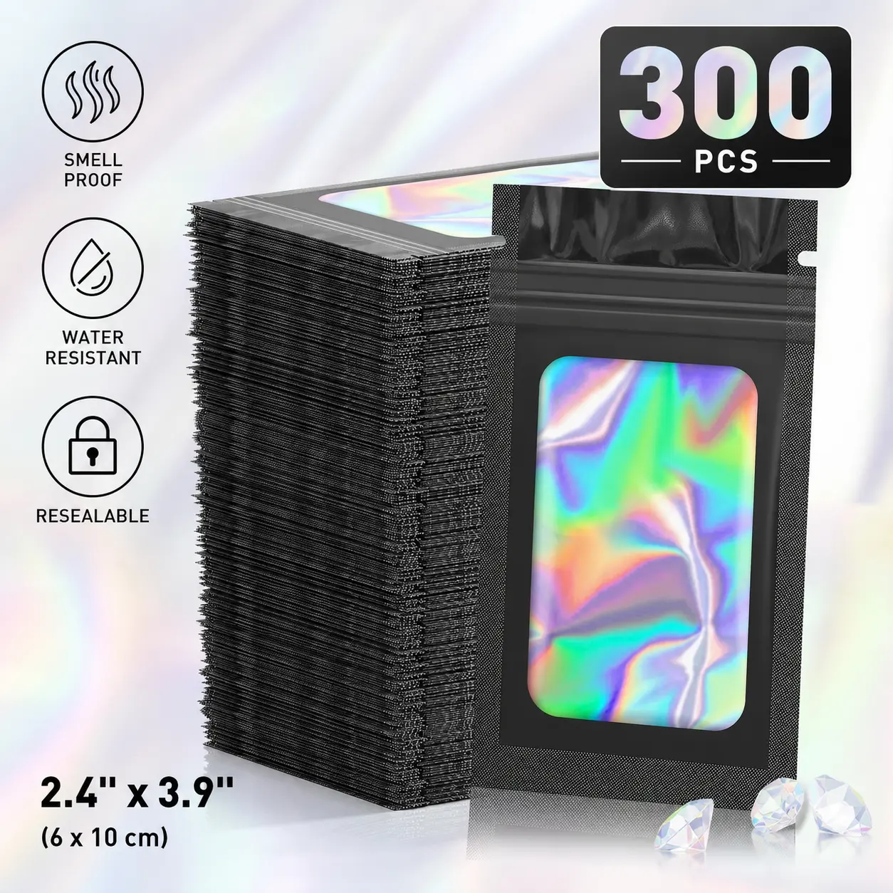 300 Pcs Mylar Bags, Smell Proof Bags Foil Pouch, Holographic Resealable Bags for Small Business, Candy Sample Jewelry Bag Sealable Packaging for Party Favor Food Storage (2.4x3.9in-Black)