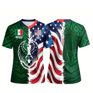 Split Half Mexico Green Tribal & US Stars Stripes Athletic Shirt, Dual Eagle Symbol Cross-Border Heritage Fan Apparel for Game Day & Family Wear