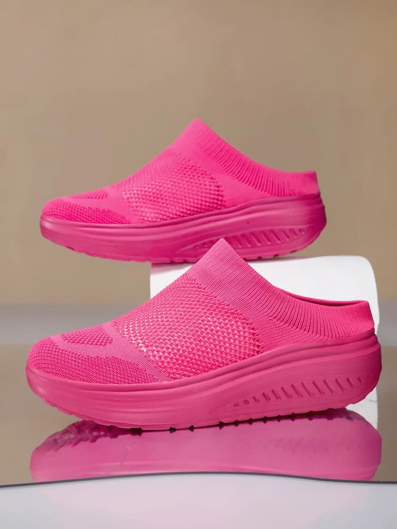 Women summer backless platform toe Casual mules, stretch flyknit breathable upper, cushioned lift sole slip-ons for gym commute