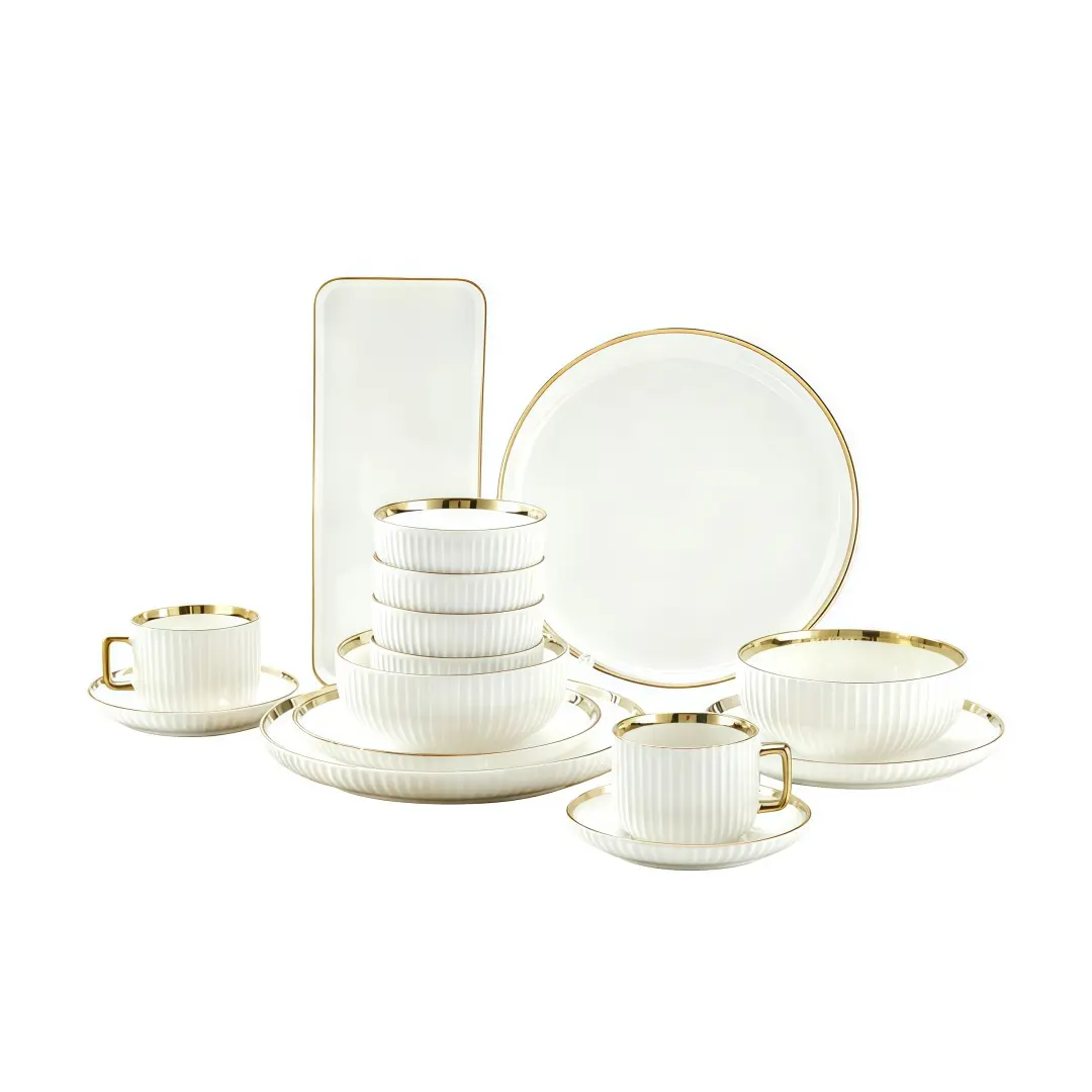 14-Piece Gold Rimmed Dinnerware Set, Includes Bowls, Plates, Cups & Saucers, Microwave and Dishwasher Safe, Ideal for Home, Weddings, Hotels