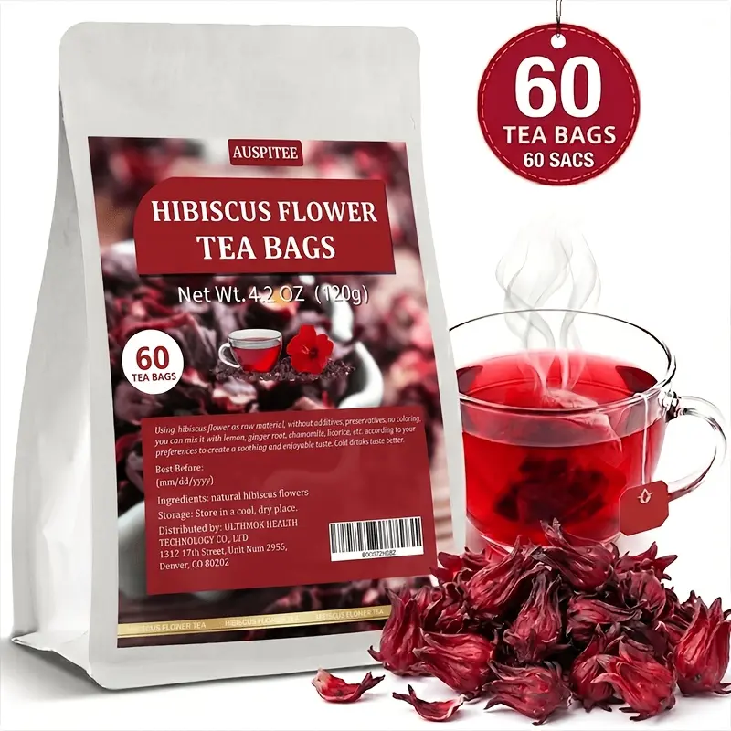 ULTHMOK High Quality Hibiscus Tea Bags, 60 Tea Bags 2g/4.24 Ounces, 100% Pure Dried Hibiscus Flowers, Natural Without Additives, Caffeine Free.