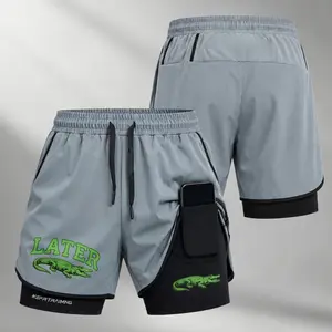 Men’s No Pain No Gain Graphic Print 2-in-1 Athletic Shorts, Built-in Compression Liner, Secure Inner Phone Pocket, Elastic Drawstring Waist, Quick-Dry Gym Running Training Shorts for Summer Daily Wear