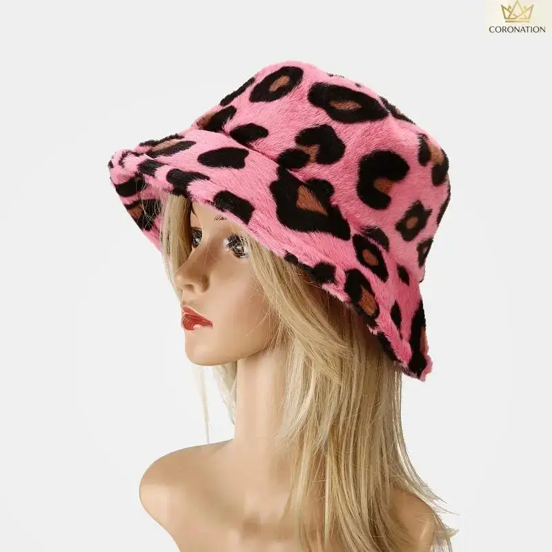 Pink Leopard Bucket Hat, Y2K Faux Fur Fuzzy Hat for Women, Soft Plush Warm Winter Bucket Hat, Cute Animal Print Streetwear Accessory for Everyday Wear, Travel, Outdoor & Cold Weather