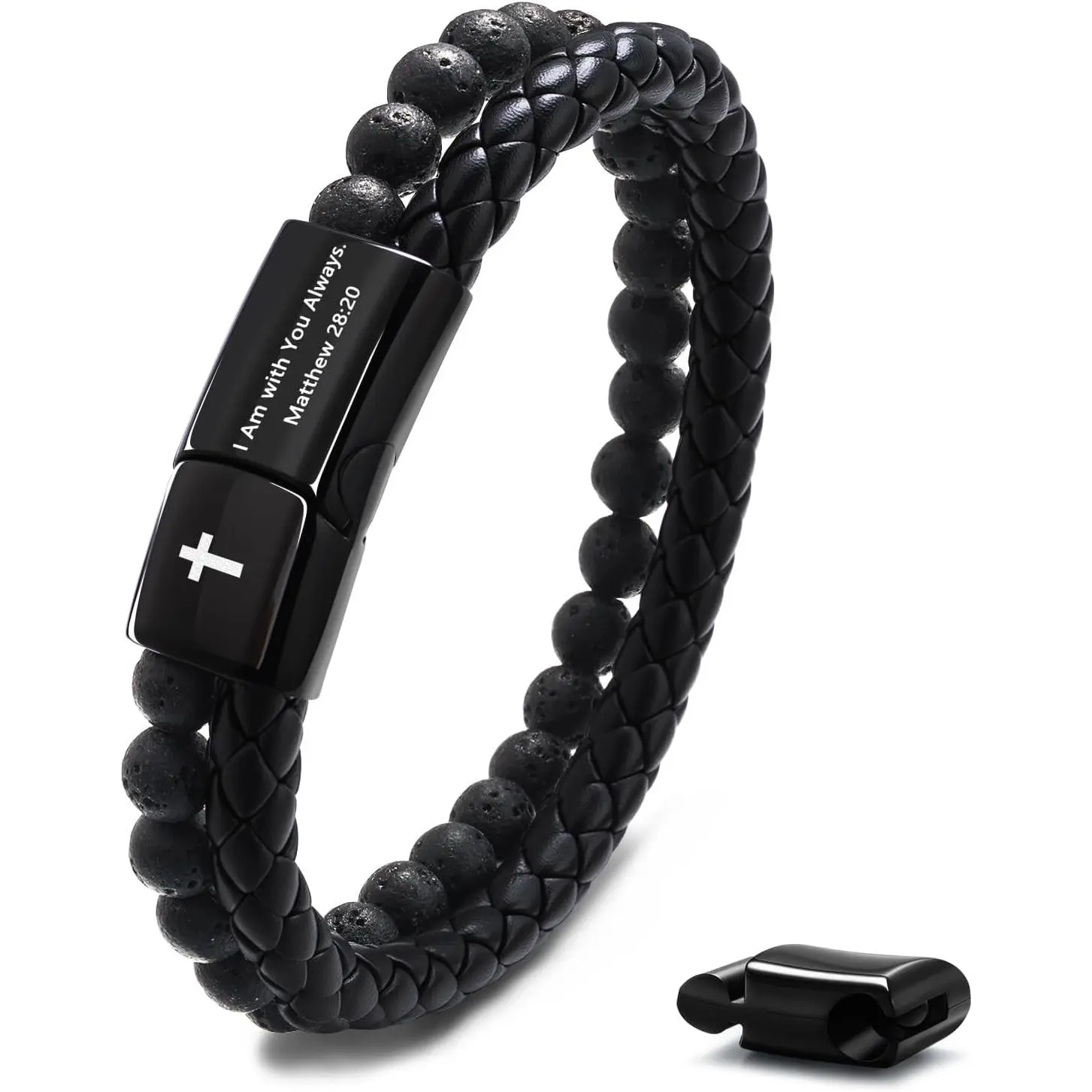 Mens  Verse Leather Bracelet - Lava Rock Bead  Bracelet for Men -  Balancing Braided Leather Wristband - Religious Christian Graduation   for Men