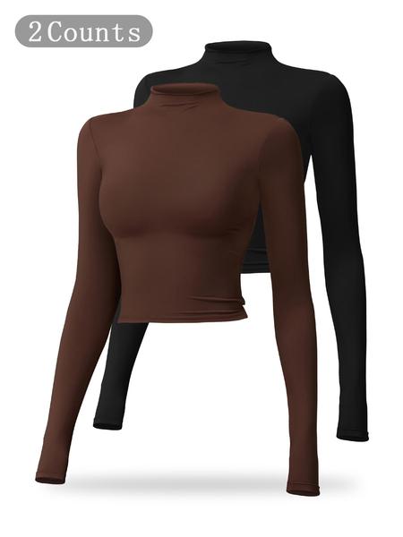 Women's Solid Mock Neck Sports Tee, Quick Drying Breathable Long Sleeve T-shirt for Yoga and Gym Wear, Ladies Casual Workout Tops for Fall & Winter