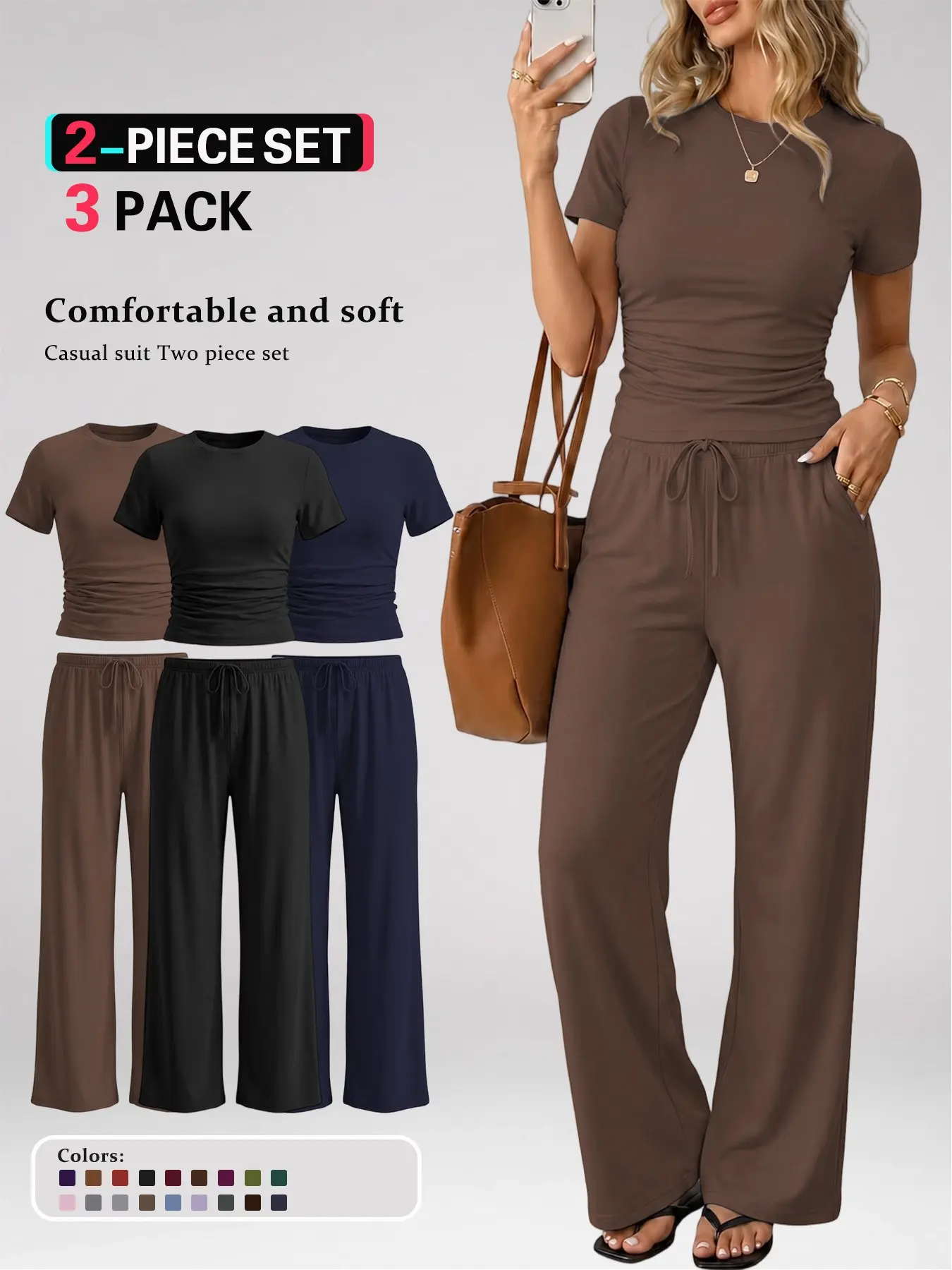 Two-Piece Set Solid Color Slim-Fit Wide-Leg Style, Side-Ruched Crew-Neck Top, Elastic Drawstring Waist Trousers, Casual Streetwear, Clothes
