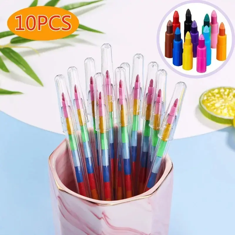 10pcs Stackable Crayons Pencil, Colorful Painting Graffiti, Kid Party Supplies, Birthday Gift, Kindergarten School Teacher Prizes