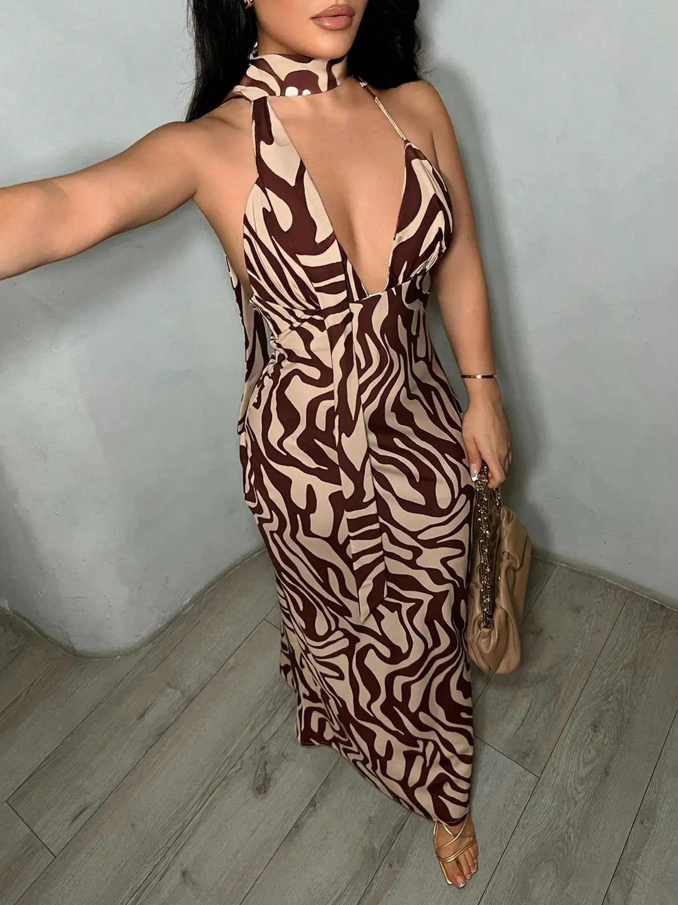 Women's Zebra Print Deep V Backless Sleeveless Sexy Statement Dress, Elegant Fitted Floral Long Dress for Spring & Fall, Vacation Style Evening Gown, Evening Party Dress