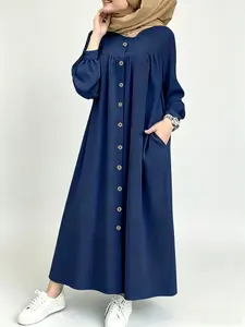 Women's Navy Gathered Yoke Button Front Casual Abaya, Modest Islamic Style, Loose Fit, Midi Length, Side Pockets, All Seasons